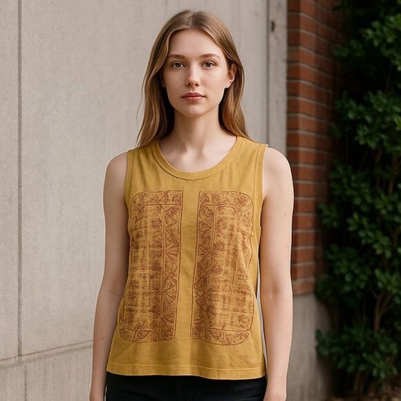 Lucky Brand M Yellow Red Aztec Embroidered Boho Prairie Festival Sleeveless Tank - Picture 1 of 6